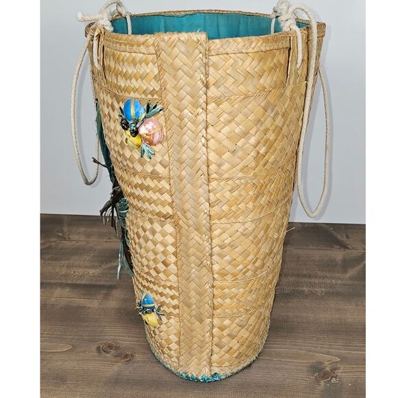 VTG 50s or 60s woven beach bag flat bottom rope handle some frays inside stains - Picture 4 of 11